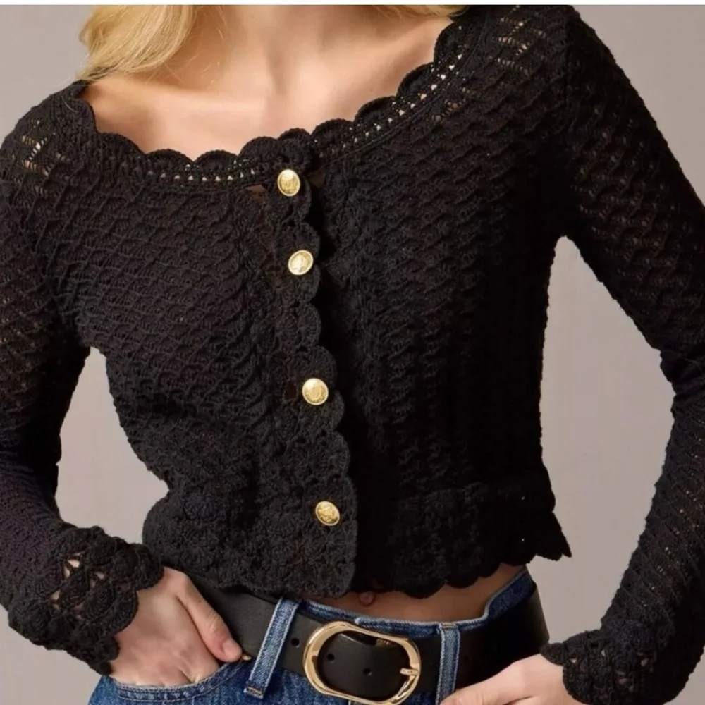 Elegant Feminine J.Crew Collection Black Crochet Cardigan Gold Crest Buttons M